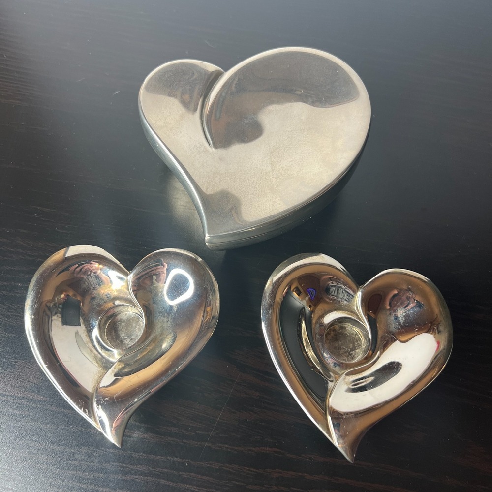 Towle Silversmiths Silver Plated Heart Candle Holders (2) + Silver Heart Trinket